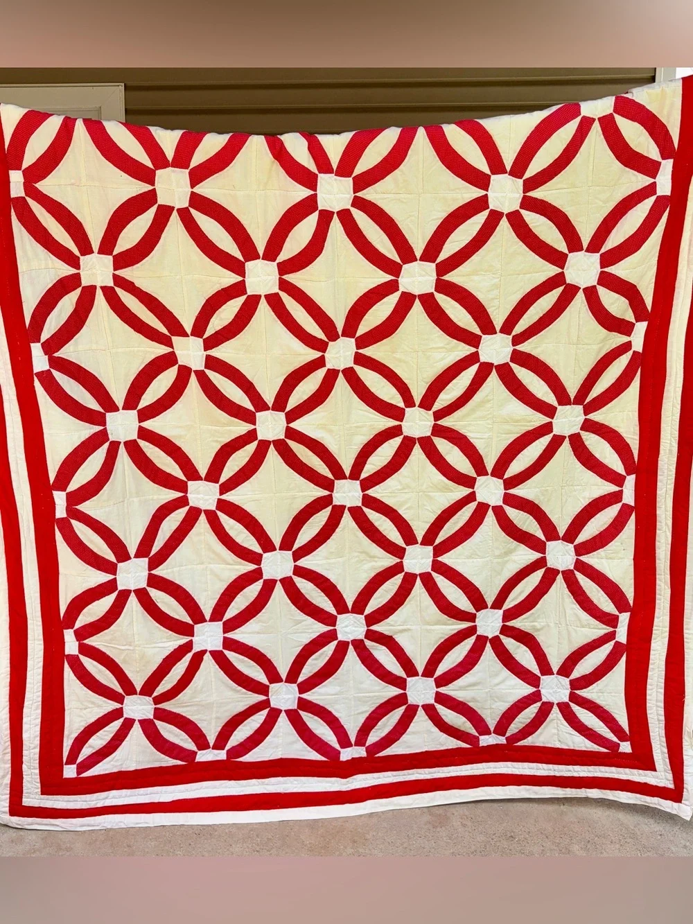 Vintage Double Wedding Ring Quilt - Red & Cream Handmade Quilt - 86 x 71